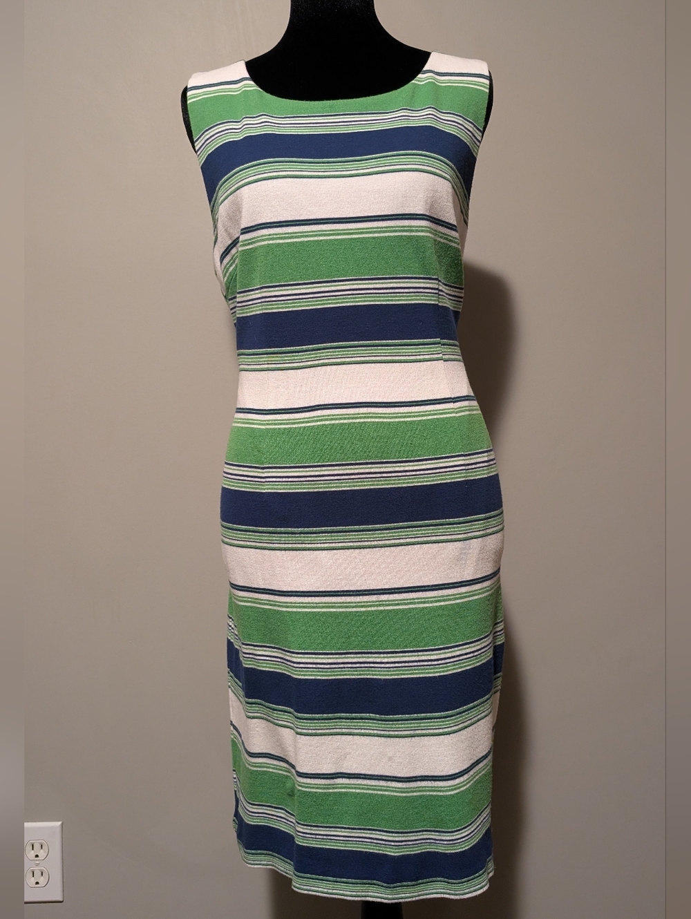 Trina Turk Green, Navy & White Striped Sleeveless Midi Dress
